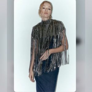 Zara Charcoal Grey FRINGED SEQUIN CAPE Size Small Medium S-M